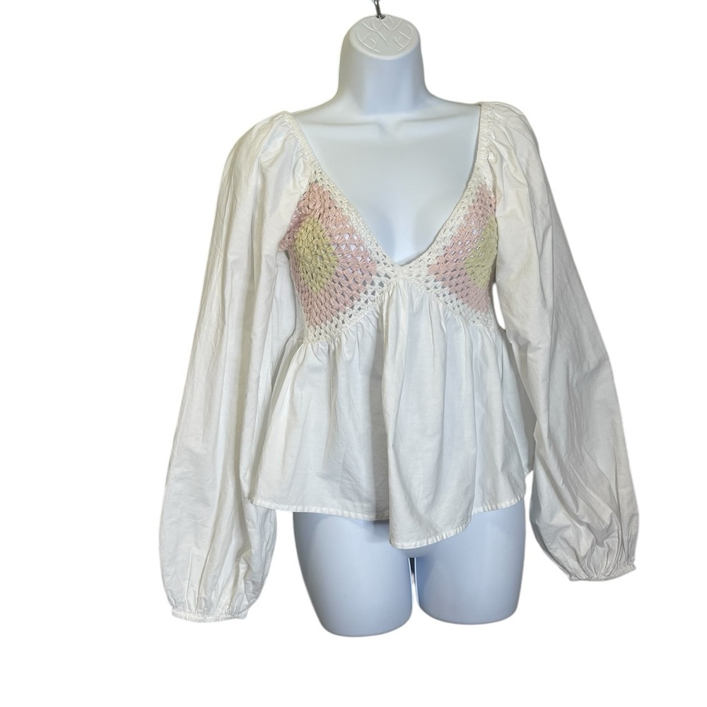 Asos White Crochet Cotton Puff Sleeves Babydoll Cottagecore Hippie Top 4 NWT